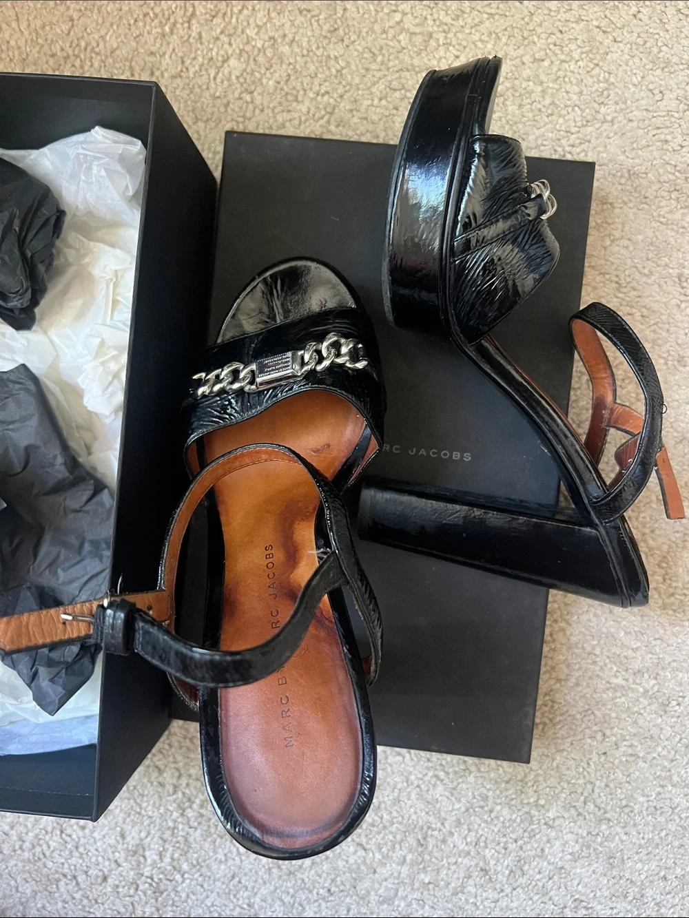 Marc Jacobs Black Patent Platform Sandals with Silver Chain